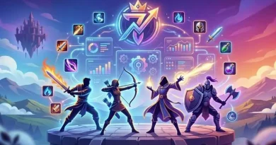 Ilustração moderna de guia para Seven Deadly Sins Origin mostrando composição de times, builds de personagens com ícones de habilidades, gráficos de performance e heróis de fantasia em um cenário épico.