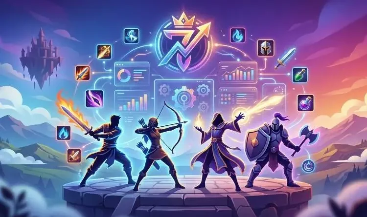 Ilustração moderna de guia para Seven Deadly Sins Origin mostrando composição de times, builds de personagens com ícones de habilidades, gráficos de performance e heróis de fantasia em um cenário épico.