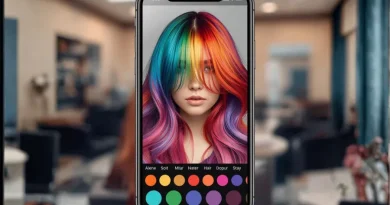 Smartphone exibindo interface de aplicativo para simular cores de cabelo vibrantes e arco-íris em modelo com fios ondulados e franja.