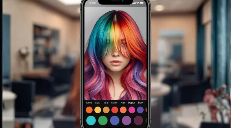 Smartphone exibindo interface de aplicativo para simular cores de cabelo vibrantes e arco-íris em modelo com fios ondulados e franja.