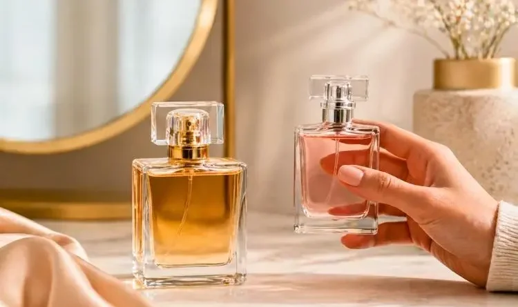 Dois frascos de perfume sofisticados sobre superfície elegante, com mão segurando um deles