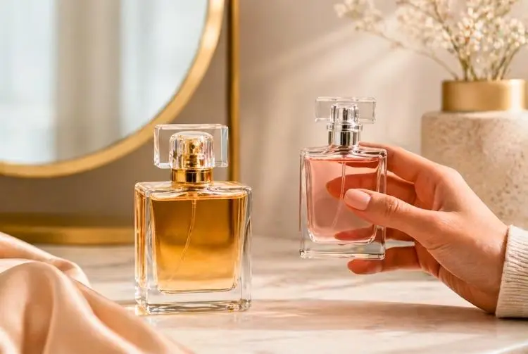 Dois frascos de perfume sofisticados sobre superfície elegante, com mão segurando um deles