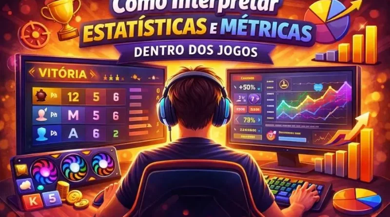 Jogador no PC analisando estatísticas, gráficos e métricas de desempenho dentro dos jogos