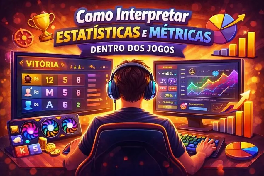 Jogador no PC analisando estatísticas, gráficos e métricas de desempenho dentro dos jogos