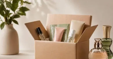 Caixa aberta com amostras de cosméticos e perfumes ao lado.