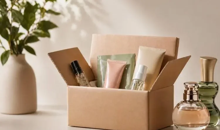 Caixa aberta com amostras de cosméticos e perfumes ao lado.