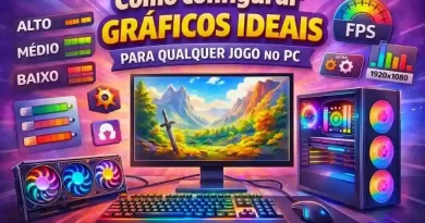 Setup gamer com monitor, placa de vídeo e ajustes gráficos para jogos no PC