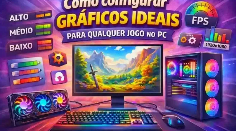 Setup gamer com monitor, placa de vídeo e ajustes gráficos para jogos no PC