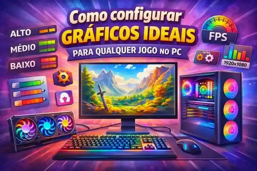 Setup gamer com monitor, placa de vídeo e ajustes gráficos para jogos no PC