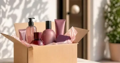 Caixa aberta com produtos de beleza recebidos em casa em embalagem minimalista