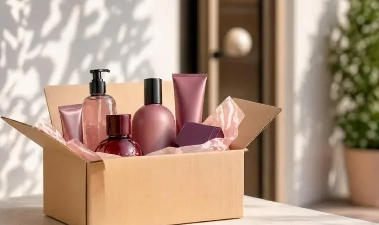 Caixa aberta com produtos de beleza recebidos em casa em embalagem minimalista