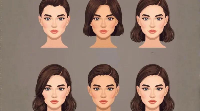 Ilustração comparativa de diferentes cortes de cabelo feminino em tons de castanho, exibindo estilos curto pixie, bob médio e ondas clássicas para diferentes formatos de rosto.