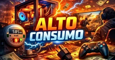 PC gamer com alto consumo de energia, medidor elétrico e dinheiro ao redor, representando custo elevado de uso em jogos