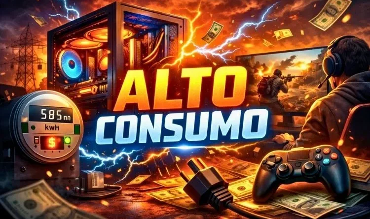 PC gamer com alto consumo de energia, medidor elétrico e dinheiro ao redor, representando custo elevado de uso em jogos
