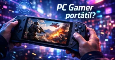 PC gamer portátil sendo utilizado nas mãos, exibindo jogo de ação em tela, com iluminação neon e ambiente futurista ao fundo, representando a experiência de jogos em dispositivos handheld em 2026.