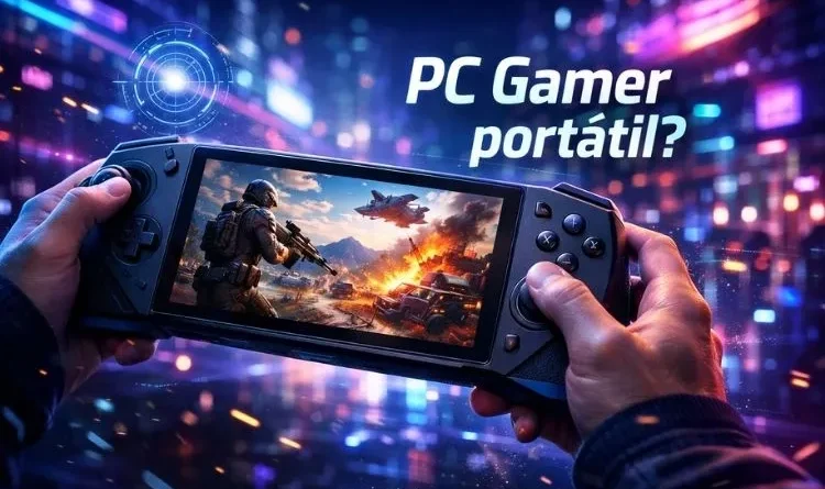 PC gamer portátil sendo utilizado nas mãos, exibindo jogo de ação em tela, com iluminação neon e ambiente futurista ao fundo, representando a experiência de jogos em dispositivos handheld em 2026.