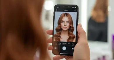 Mulher usando aplicativo de simulador de cor de cabelo no smartphone para testar tom ruivo acobreado e corte ondulado antes da transformação.