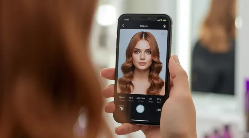 Mulher usando aplicativo de simulador de cor de cabelo no smartphone para testar tom ruivo acobreado e corte ondulado antes da transformação.