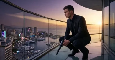 Jovem agente secreto de terno segurando uma pistola com silenciador em uma varanda de vidro com vista para uma cidade costeira.