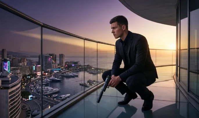 Jovem agente secreto de terno segurando uma pistola com silenciador em uma varanda de vidro com vista para uma cidade costeira.