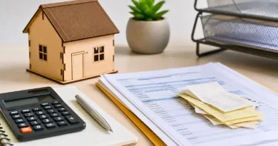 Mesa com documentos financeiros, calculadora, bloco de notas e miniatura de casa em ambiente de escritório.