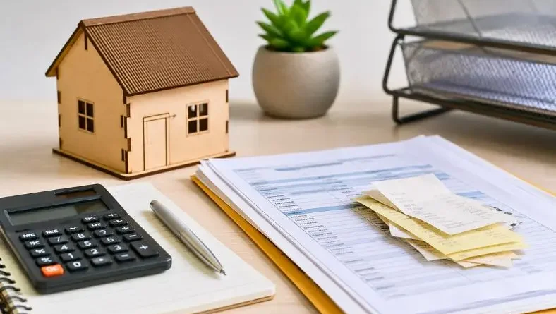 Mesa com documentos financeiros, calculadora, bloco de notas e miniatura de casa em ambiente de escritório.