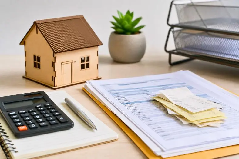 Mesa com documentos financeiros, calculadora, bloco de notas e miniatura de casa em ambiente de escritório.