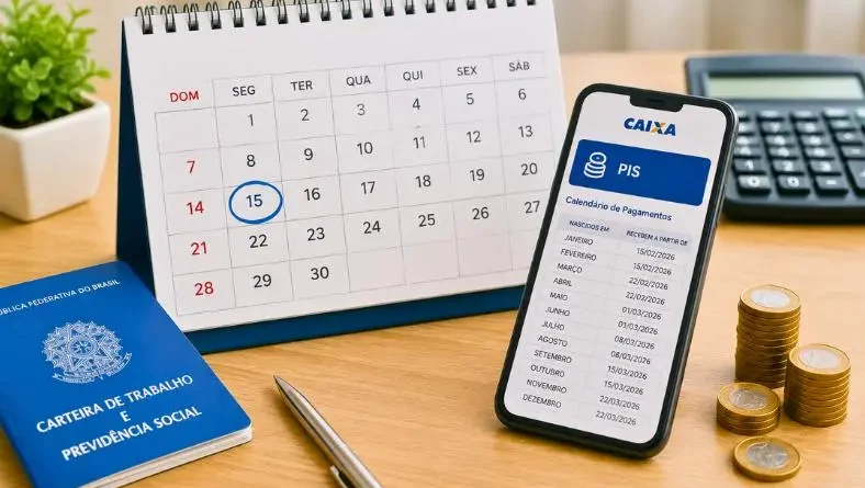 Calendário de mesa com data destacada ao lado de celular exibindo informações do PIS, carteira de trabalho e moedas.