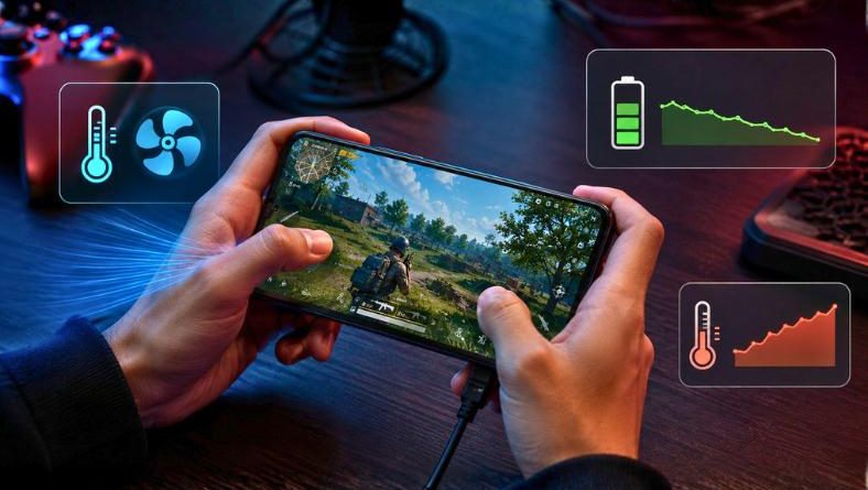 Pessoa jogando no celular com indicadores de temperatura e bateria em cenário gamer escuro.