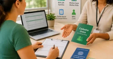 Mulher realizando cadastro em atendimento com assistente, preenchendo formulário ao lado de documentos e computador.