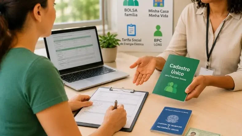 Mulher realizando cadastro em atendimento com assistente, preenchendo formulário ao lado de documentos e computador.