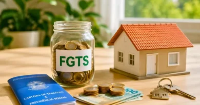 Modelo de casa com pote de moedas do FGTS, carteira de trabalho e chaves sobre mesa iluminada.