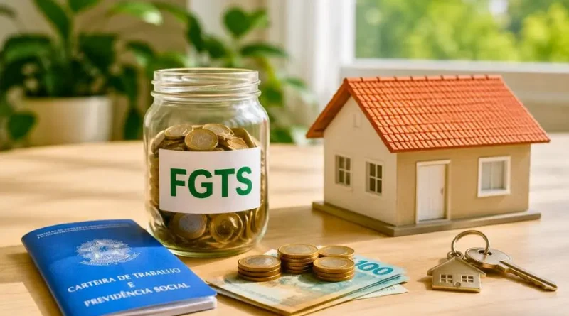 Modelo de casa com pote de moedas do FGTS, carteira de trabalho e chaves sobre mesa iluminada.