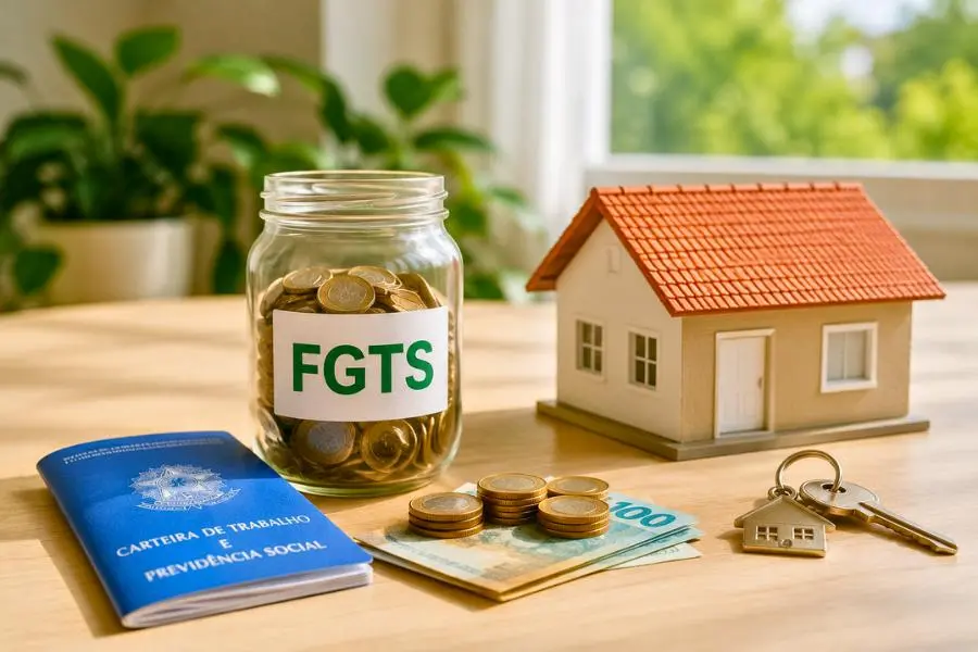 Modelo de casa com pote de moedas do FGTS, carteira de trabalho e chaves sobre mesa iluminada.