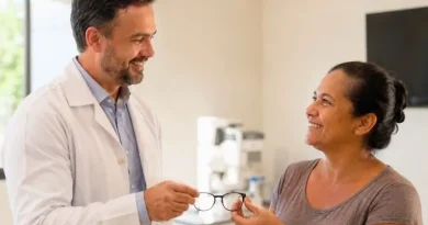 Médico sorridente entrega óculos de grau a mulher em clínica iluminada e acolhedora