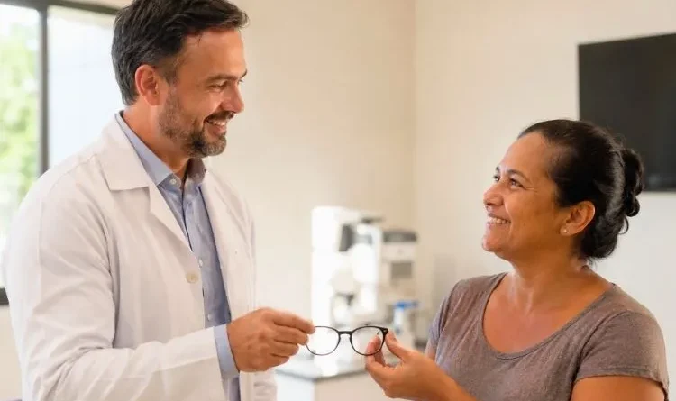 Médico sorridente entrega óculos de grau a mulher em clínica iluminada e acolhedora