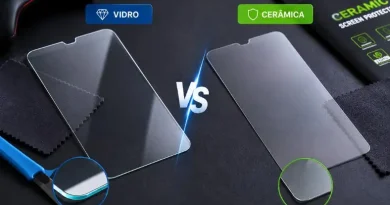 Comparação entre películas de vidro e cerâmica sobre superfície escura, destacando acabamento brilhante e fosco com acessórios ao redor.