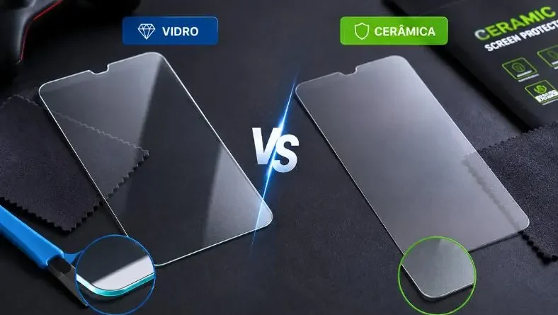 Comparação entre películas de vidro e cerâmica sobre superfície escura, destacando acabamento brilhante e fosco com acessórios ao redor.