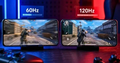 Dois smartphones lado a lado exibindo jogo mobile, um com imagem borrada simulando 60Hz e outro nítido representando 120Hz.
