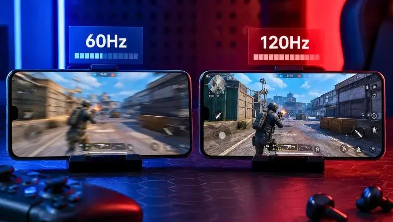 Dois smartphones lado a lado exibindo jogo mobile, um com imagem borrada simulando 60Hz e outro nítido representando 120Hz.