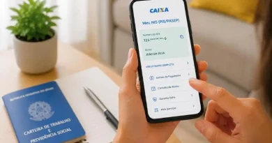 Pessoa segurando celular com consulta de PIS na tela, ao lado de carteira de trabalho e caderno em mesa.