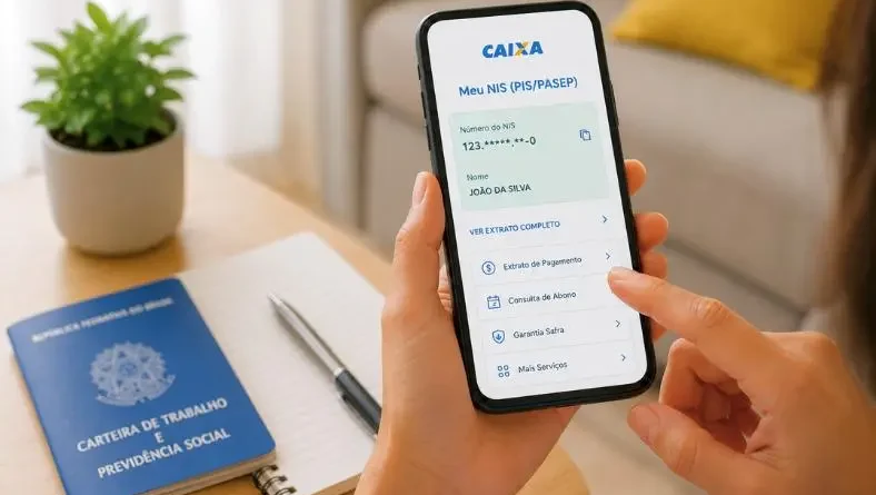 Pessoa segurando celular com consulta de PIS na tela, ao lado de carteira de trabalho e caderno em mesa.