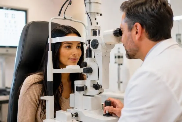 Mulher realiza exame de vista em equipamento oftalmológico com médico