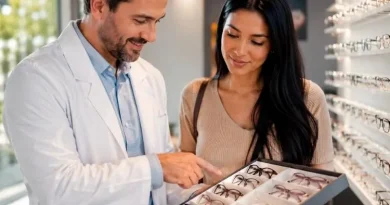Médico mostra armações de óculos para mulher jovem em clínica moderna