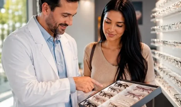 Médico mostra armações de óculos para mulher jovem em clínica moderna
