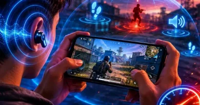 Jogador utilizando fones de ouvido com áudio espacial enquanto joga um game competitivo mobile em ambiente neon futurista.
