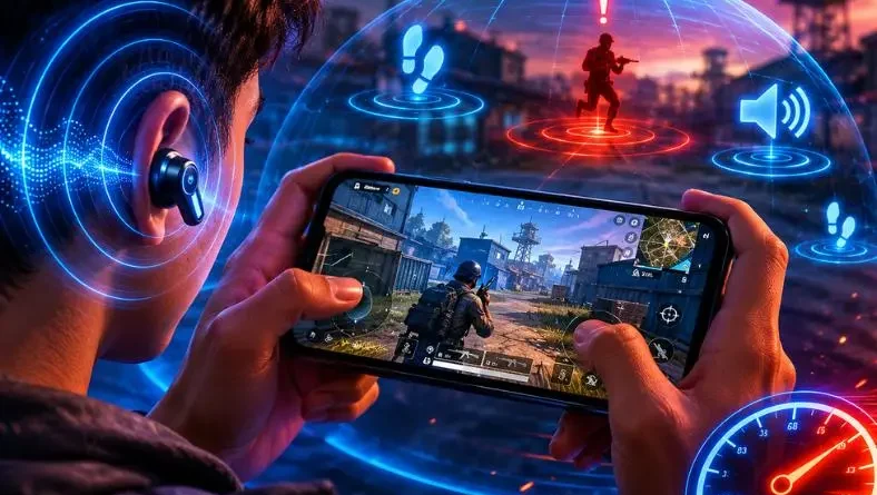 Jogador utilizando fones de ouvido com áudio espacial enquanto joga um game competitivo mobile em ambiente neon futurista.