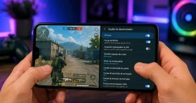 Pessoa segurando smartphone com jogo em execução e menu de opções de desenvolvedor aberto, em ambiente gamer com luzes neon.
