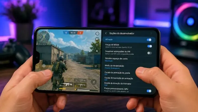 Pessoa segurando smartphone com jogo em execução e menu de opções de desenvolvedor aberto, em ambiente gamer com luzes neon.