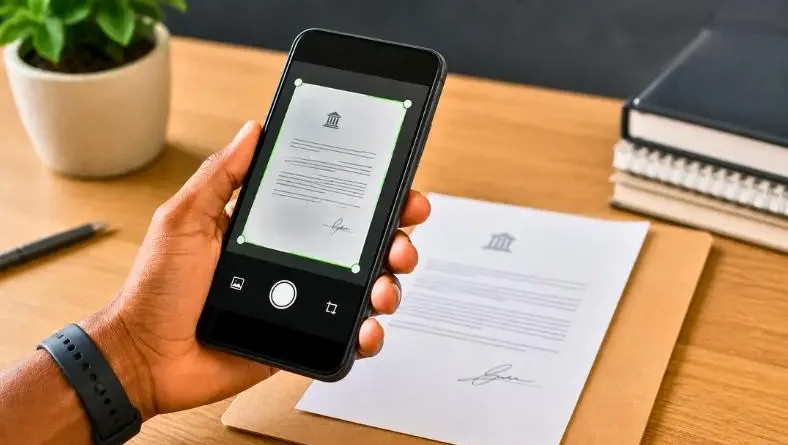 Aplicativos para digitalizar documentos pelo celular com scanner em smartphone capturando arquivo em mesa organizada